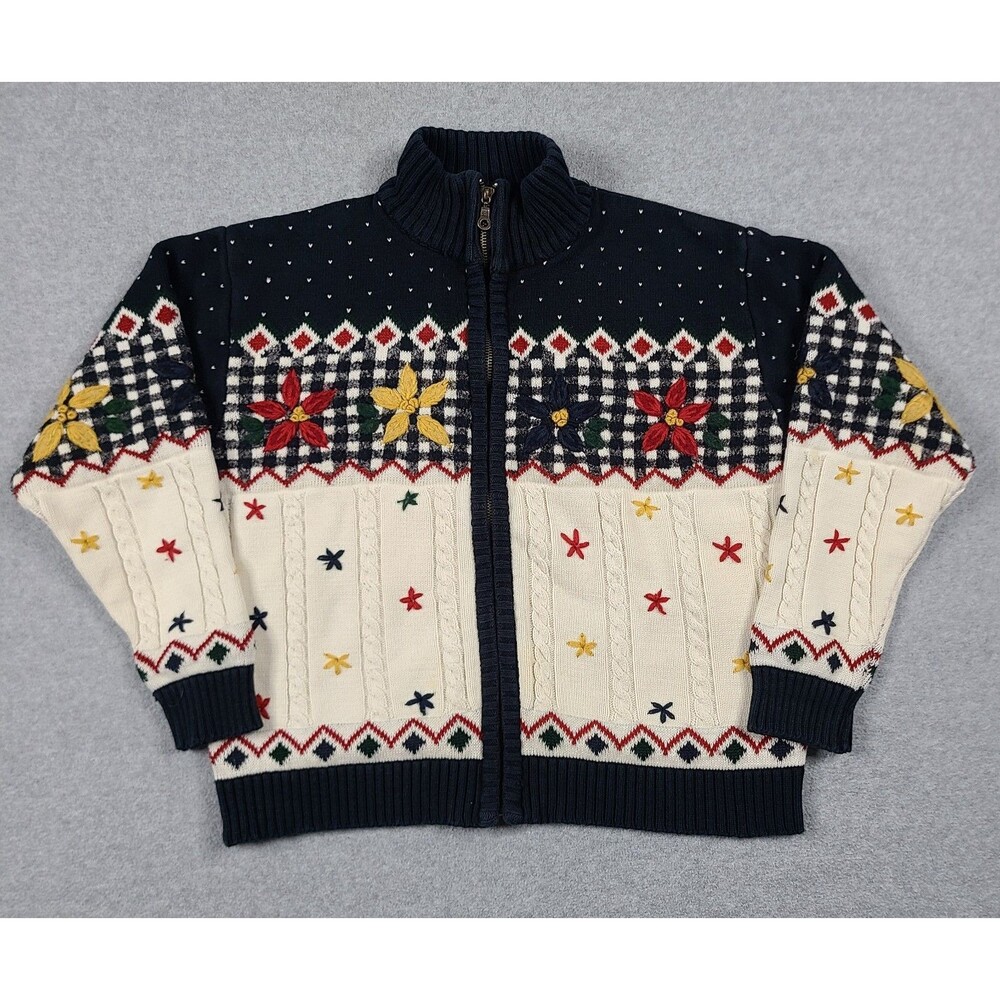 Vintage Eagle's Eye Floral Flowers Cable Knit Full Zip Sweater Womens Sz S